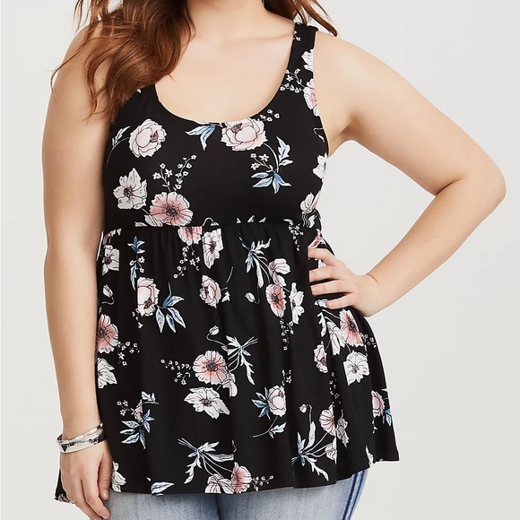 torrid Tops - TORRID Black Floral Knit Babydoll Swing Tank Sz2